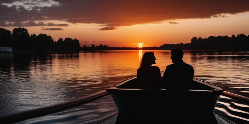 Silhouette eines Paares auf einem Boot vor einem leuchtend bunten Sonnenuntergangshimmel.