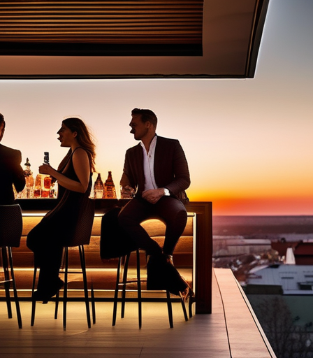 Panoramablick von einer Rooftop-Bar in München bei Sonnenuntergang.