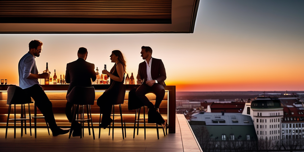 Panoramablick von einer Rooftop-Bar in München bei Sonnenuntergang.