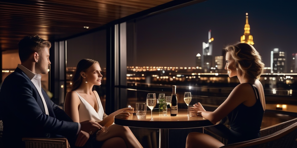 Elegante Rooftop-Bar in Frankfurt bei Nacht mit Blick auf die Skyline.