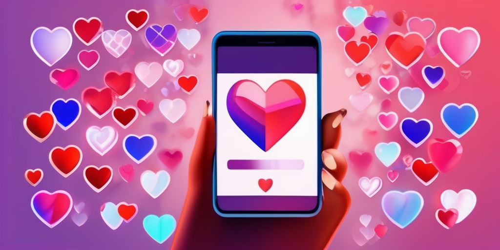 Person benutzt ein Smartphone mit einer Dating-App auf dem Bildschirm, umgeben von abstrakten Herzen und Verbindungssymbolen.