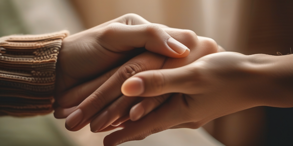 Zwei Hände berühren sich sanft, die Verbindung und die Möglichkeit neuer Liebe symbolisieren.