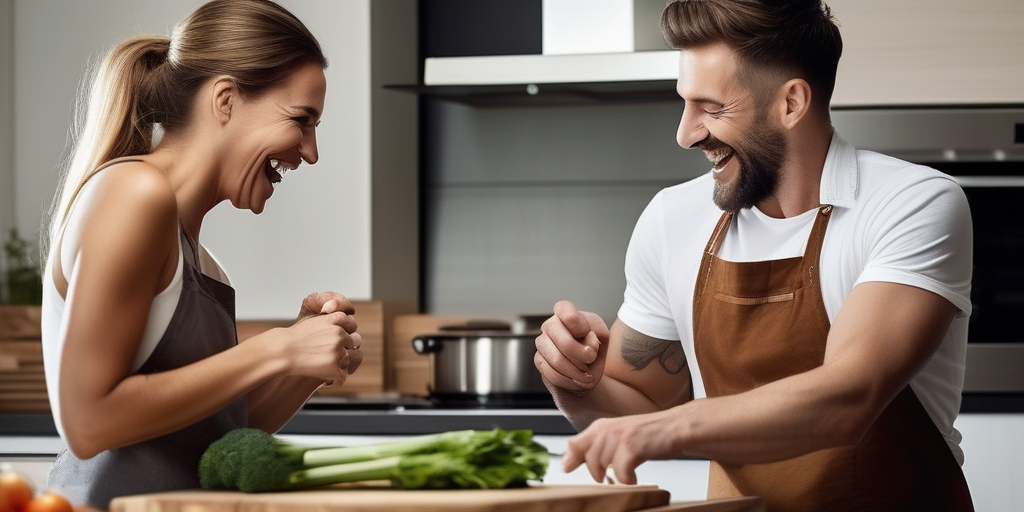 Ein Mann und eine Frau lachen zusammen, während sie in einer modernen Küche kochen, warme und einladende Atmosphäre, natürliches Licht.