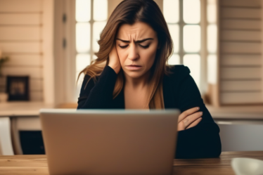 Frau, die frustriert auf ihrem Laptop schaut.