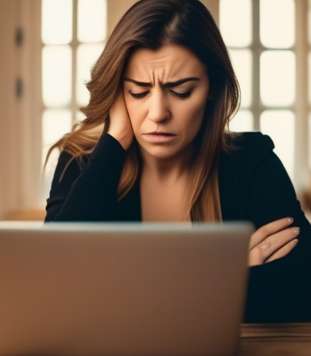 Frau, die frustriert auf ihrem Laptop schaut.