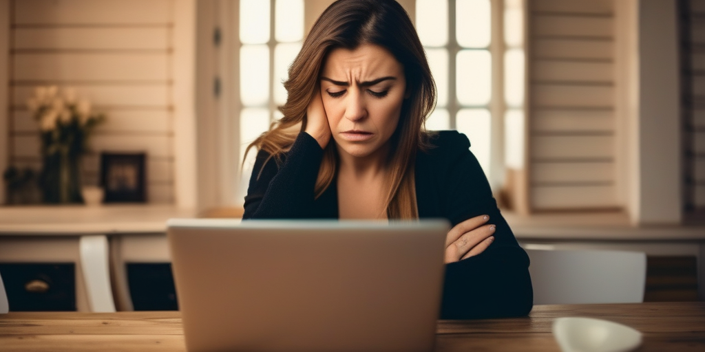 Frau, die frustriert auf ihrem Laptop schaut.