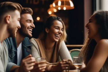 Eine vielfältige Gruppe junger Leute aus verschiedenen Kulturen unterhält sich in einem gemütlichen Café.