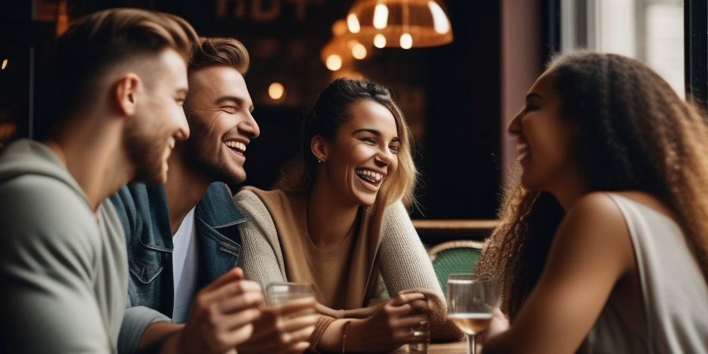 Eine vielfältige Gruppe junger Leute aus verschiedenen Kulturen unterhält sich in einem gemütlichen Café.
