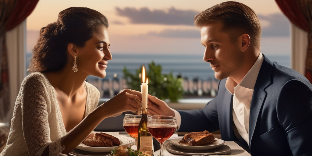 Eine romantische Dinner-Szene mit einem Mann und einer Frau aus verschiedenen Kulturen.