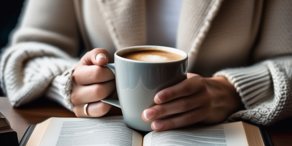 Nahaufnahme einer deutschen Frau, die eine Tasse Kaffee hält, gemütliche Atmosphäre, Bücher im Hintergrund, die Intelligenz und Interessen vermitteln.