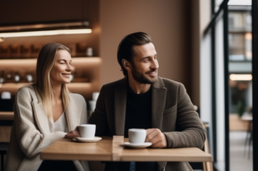 Ein multikulturelles Paar unterhält sich in einem modernen Café in Berlin.