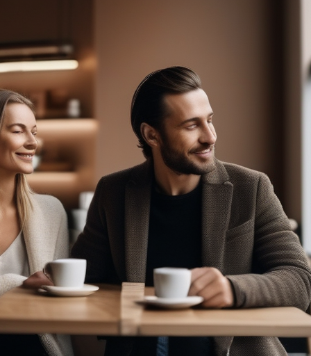 Ein multikulturelles Paar unterhält sich in einem modernen Café in Berlin.