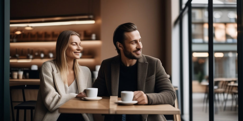 Ein multikulturelles Paar unterhält sich in einem modernen Café in Berlin.