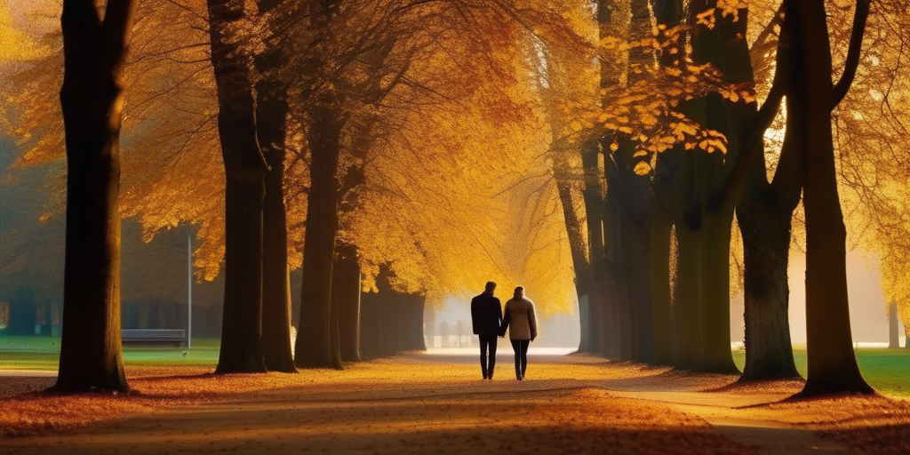 Ein Paar spaziert Hand in Hand durch einen Park im Herbst in Deutschland.