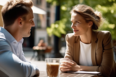 Ein Mann und eine Frau sitzen in einem Café in Deutschland und schauen sich mit leicht verwirrten Gesichtsausdrücken an.