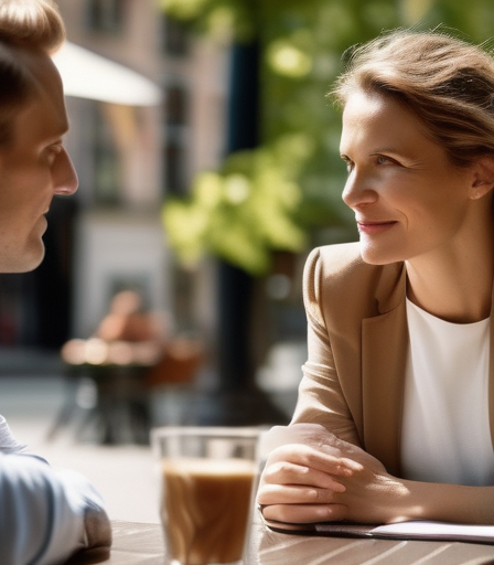 Ein Mann und eine Frau sitzen in einem Café in Deutschland und schauen sich mit leicht verwirrten Gesichtsausdrücken an.