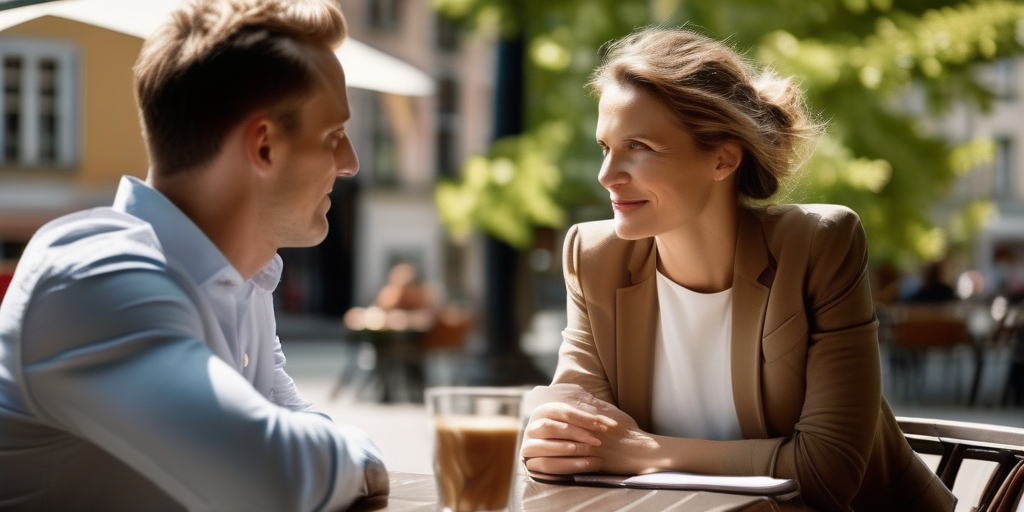Ein Mann und eine Frau sitzen in einem Café in Deutschland und schauen sich mit leicht verwirrten Gesichtsausdrücken an.
