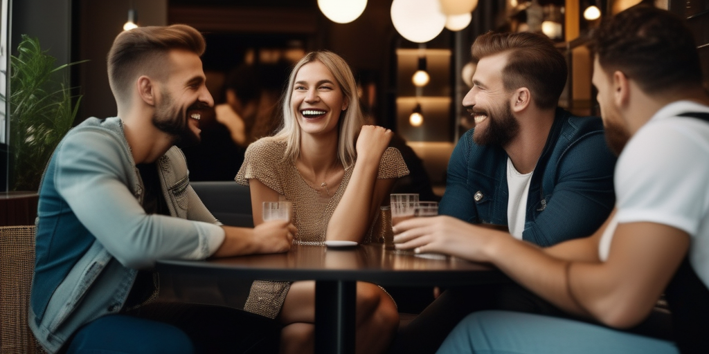 Eine vielfältige Gruppe von Menschen lacht und unterhält sich in einem Frankfurter Café.