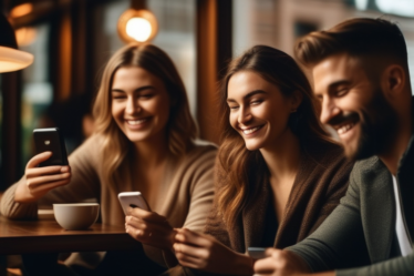 Eine Gruppe von Menschen lächelt und benutzt Smartphones in einem gemütlichen Café.