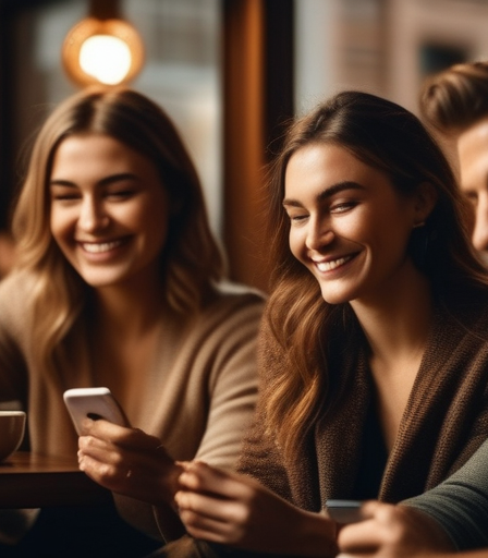 Eine Gruppe von Menschen lächelt und benutzt Smartphones in einem gemütlichen Café.