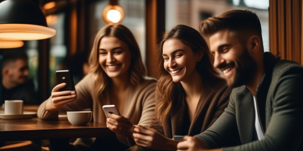 Eine Gruppe von Menschen lächelt und benutzt Smartphones in einem gemütlichen Café.