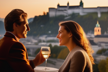 Ein Paar genießt einen romantischen Abend in Salzburg mit der Festung Hohensalzburg im Hintergrund.