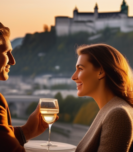 Ein Paar genießt einen romantischen Abend in Salzburg mit der Festung Hohensalzburg im Hintergrund.