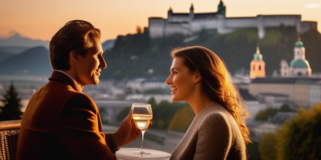Ein Paar genießt einen romantischen Abend in Salzburg mit der Festung Hohensalzburg im Hintergrund.
