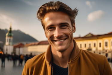 Ein Mann lächelt vor dem Goldenen Dachs in Innsbruck.