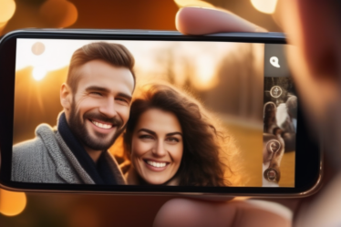 Ein Paar betrachtet gemeinsam ein Familienfoto auf dem Smartphone.
