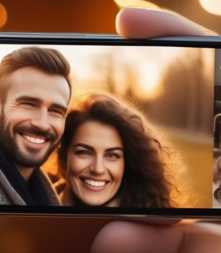 Ein Paar betrachtet gemeinsam ein Familienfoto auf dem Smartphone.