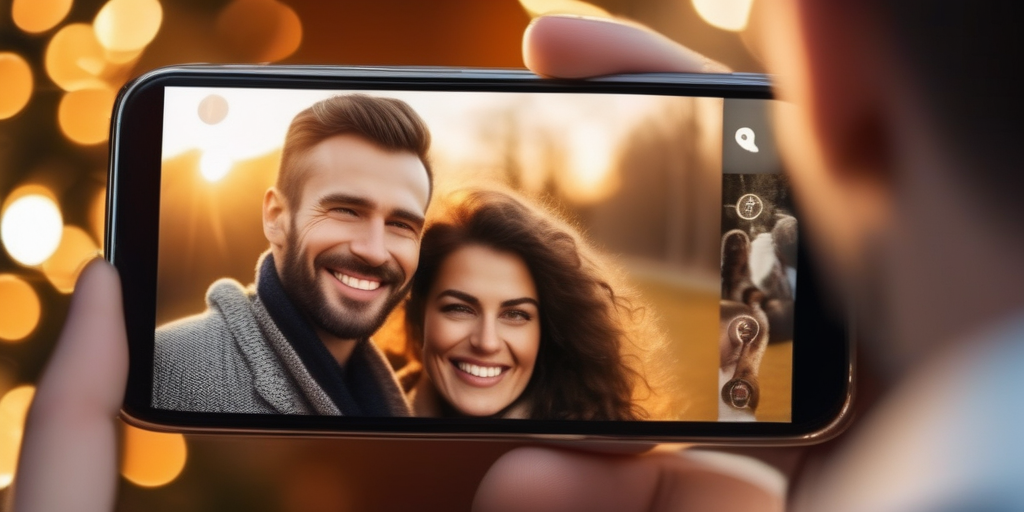 Ein Paar betrachtet gemeinsam ein Familienfoto auf dem Smartphone.
