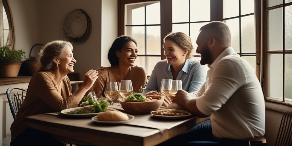Eine Familie sitzt zusammen am Tisch und lacht.