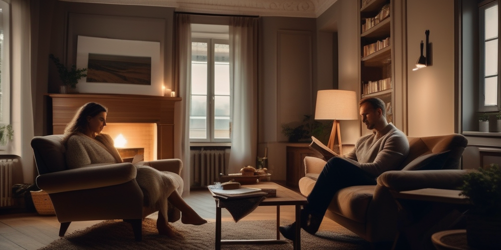 Ein gemütliches Wohnzimmer, ein verliebtes Paar entspannt zusammen.
