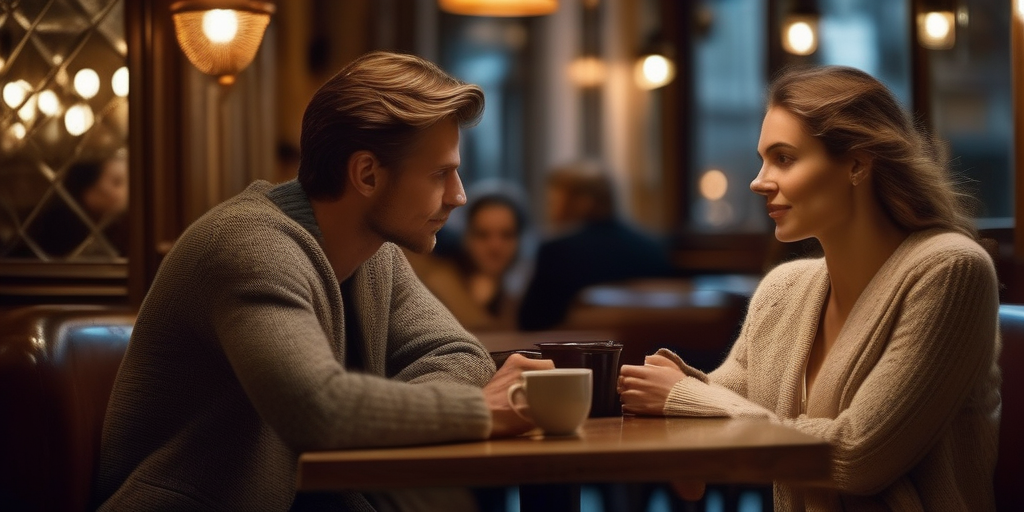 Eine gemütliche Szene in einem Café, zwei Personen unterhalten sich angeregt.