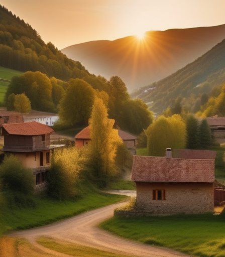 Idyllisches Dorf im Abendlicht