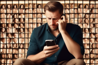 Ein frustrierter Mann schaut auf sein Smartphone mit fehlgeschlagenen Online-Dating-Profilen.