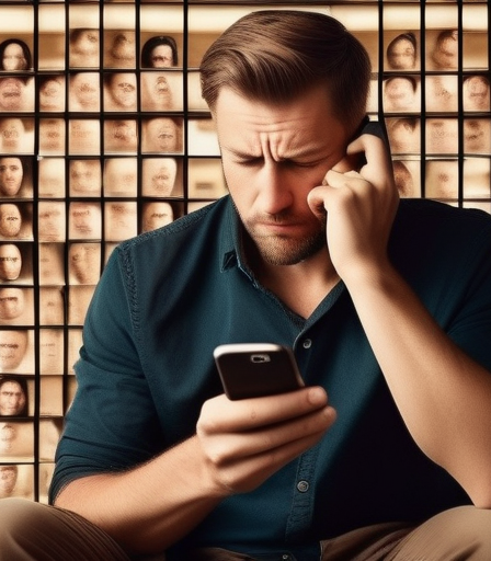 Ein frustrierter Mann schaut auf sein Smartphone mit fehlgeschlagenen Online-Dating-Profilen.