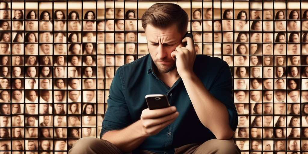 Ein frustrierter Mann schaut auf sein Smartphone mit fehlgeschlagenen Online-Dating-Profilen.