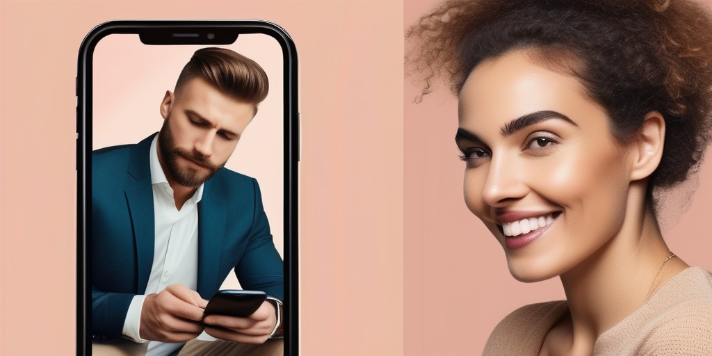 Ein Split-Screen: Eine lächelnde Frau schaut auf ihr Handy, ein zögernder Mann schaut wegs, Online-Dating-Ängste.