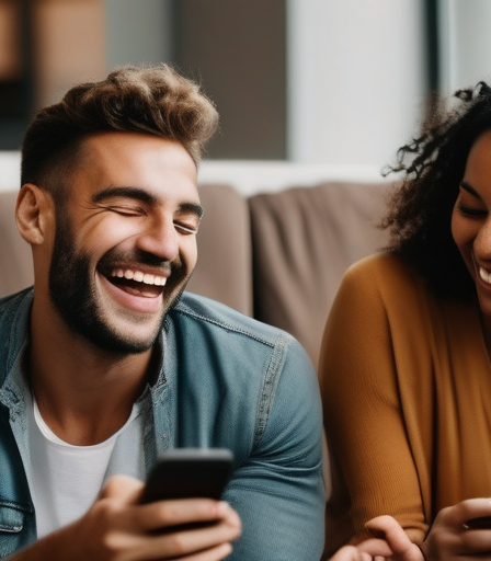 Eine vielfältige Gruppe von Menschen lacht zusammen und benutzt Smartphones, die globale Online-Dating-Verbindung darstellt.