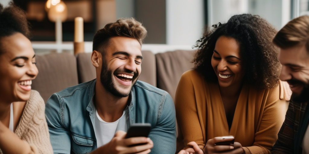Eine vielfältige Gruppe von Menschen lacht zusammen und benutzt Smartphones, die globale Online-Dating-Verbindung darstellt.