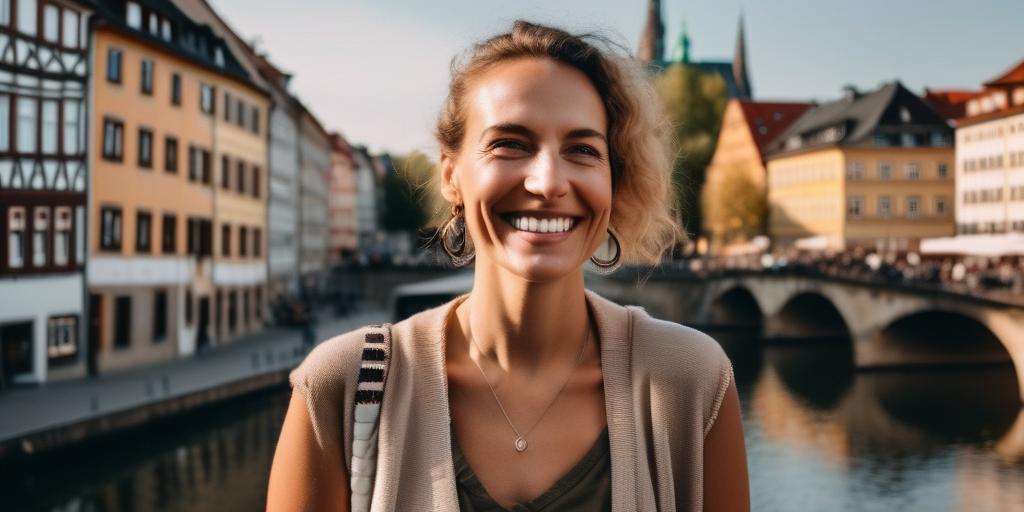 Eine deutsche Frau lächelt herzlich und führt ein Video-Chat mit jemandem aus einer anderen Kultur. Hintergrund sind deutsche Wahrzeichen.