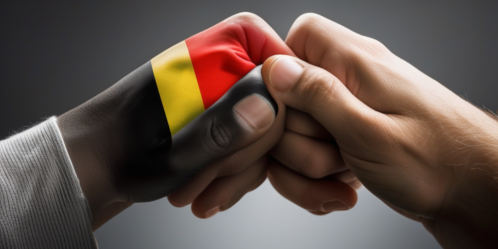 Zwei Hände, eine mit einer deutschen Flagge, die andere mit einer Flagge aus einem anderen Land, berühren sich sanft und stellen internationale Liebe und Verbindung dar.