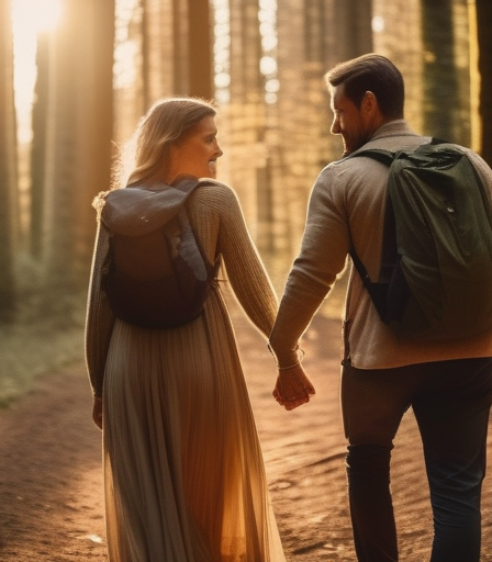Ein Paar wandert Hand in Hand durch einen dichten Wald in Deutschland.
