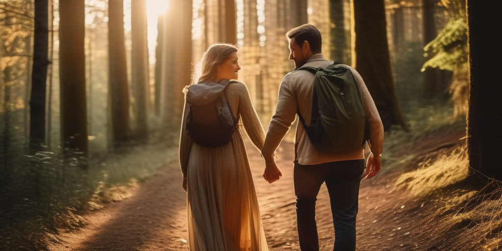 Ein Paar wandert Hand in Hand durch einen dichten Wald in Deutschland.