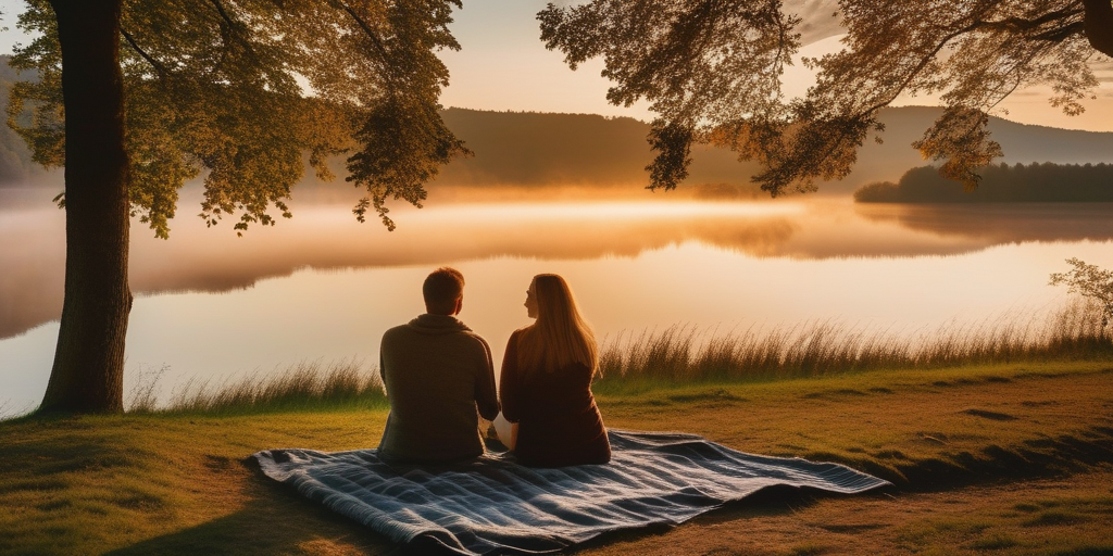 Ein Paar sitzt auf einer Decke und beobachtet den Sonnenuntergang über einem See in der Mecklenburgischen Seenplatte.
