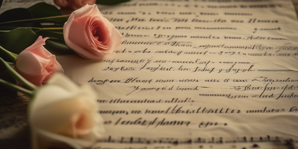 Nahaufnahme eines handgeschriebenen Gedichts auf Vintage-Papier mit Blumen.