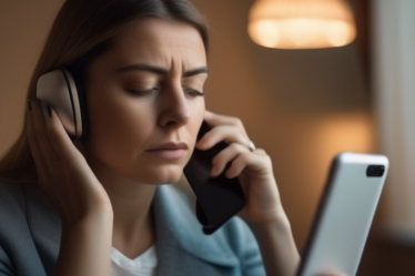 Person, die besorgt auf ihr Smartphone schaut, symbolisiert die Angst vor Online-Dating.