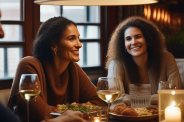 Eine diverse Gruppe von Menschen genießt ein Abendessen in einem gemütlichen Restaurant, das den kulturellen Austausch und das Verständnis betont.